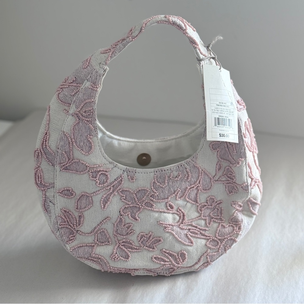 NWT A New Day Women's Linen Pink Spring Floral Beaded Purse Handbag